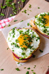 Open sandwiches with egg and cheese on a wooden background