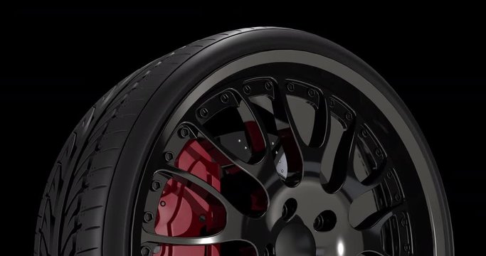 Sport car wheel rotating slowly. Cg animation with seamless loop and luma channel