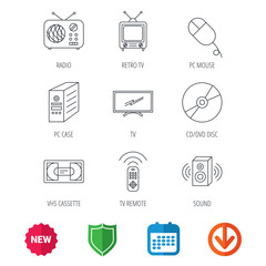 Retro TV, radio and DVD disc icons. PC mouse, VHS cassette and sound speaker linear signs. New tag, shield and calendar web icons. Download arrow. Vector