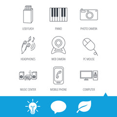 Smartphone, web camera and USB flash icons. Headphones, piano and photo camera linear signs. Computer, music center icons. Light bulb, speech bubble and leaf web icons. Vector