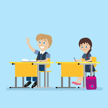 Schoolchild sits at a school desk during lessons. A boy with his hand raised. The learning process in the school. Flat character isolated on white background. Vector, illustration EPS10.