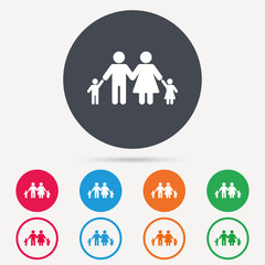 Family icon. Father, mother and child symbol. Round circle buttons. Colored flat web icons. Vector