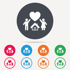 Family icon. Father, mother and child symbol. Round circle buttons. Colored flat web icons. Vector