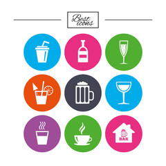 Coffee, tea icons. Alcohol drinks signs.
