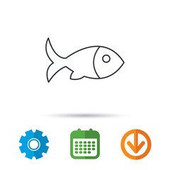 Fish with fin icon. Seafood sign. Vegetarian food symbol. Calendar, cogwheel and download arrow signs. Colored flat web icons. Vector