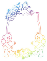 Oval gradient label with outline roses and cute teddy bear holding heart.