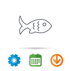 Fish with fin and scales icon. Seafood sign. Vegetarian food symbol. Calendar, cogwheel and download arrow signs. Colored flat web icons. Vector
