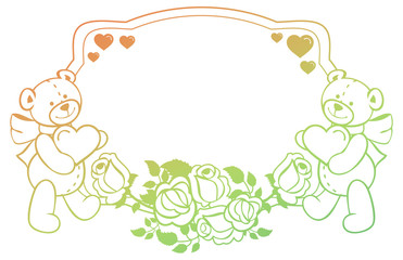 Oval gradient label with outline roses and cute teddy bear holding heart.