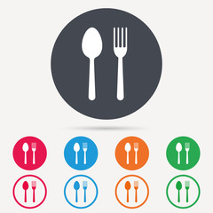 Food icons. Fork and spoon signs. Cutlery symbol. Round circle buttons. Colored flat web icons. Vector