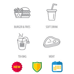Hamburger, meat and soft drink icons. Tea bag linear sign. Shield protection, calendar and new tag web icons. Vector
