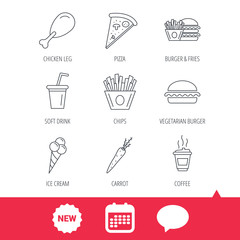 Vegetarian burger, pizza and soft drink icons. Coffee, ice cream and chips fries linear signs. Chicken leg, carrot icons. New tag, speech bubble and calendar web icons. Vector