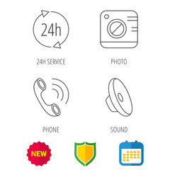 Phone call, 24h service and sound icons. Photo camera linear sign. Shield protection, calendar and new tag web icons. Vector