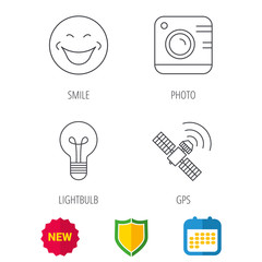 Smiling face, photo camera and lightbulb icons. GPS linear sign. Shield protection, calendar and new tag web icons. Vector