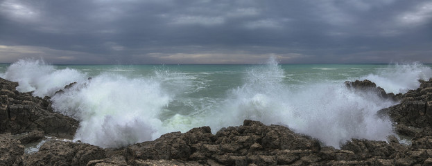 Panorama of sea shore. Extreme fishing. Greece