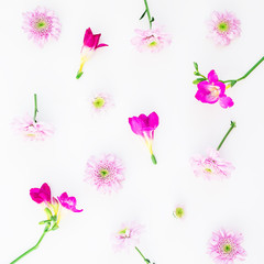 Pattern of pink flowers on white background, Flat lay, Top view. Floral background.