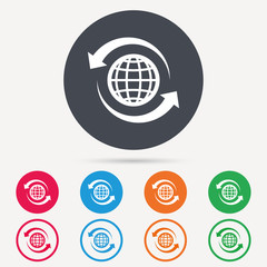Globe icon. World or internet symbol. Round circle buttons. Colored flat web icons. Vector