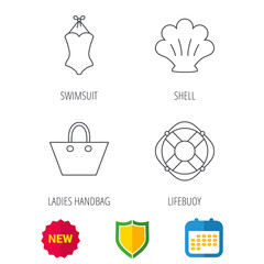 Ladies handbag, shell and swimsuit icons. Lifebuoy linear sign. Shield protection, calendar and new tag web icons. Vector