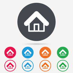 Home icon. House building symbol. Real estate construction. Round circle buttons. Colored flat web icons. Vector