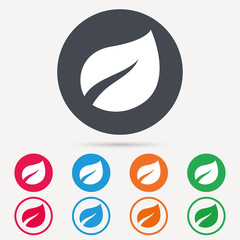 Leaf icon. Fresh organic product symbol. Round circle buttons. Colored flat web icons. Vector