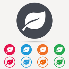 Leaf icon. Fresh organic product symbol. Round circle buttons. Colored flat web icons. Vector