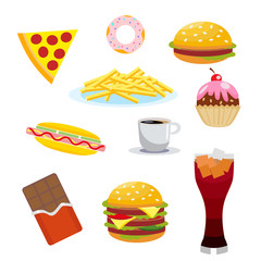 Set harmful foods. Chocolate and cola, hamburger and hot dog, french fries, and cake, coffee and pizza. Vector, illustration isolated on white background EPS10.