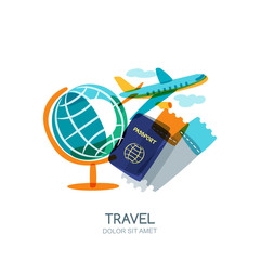 Travel and tourism concept. Multicolor globe, passport, airplane tickets and flying plane. Vector doodle isolated illustration. Trendy flat design for summer vacation.