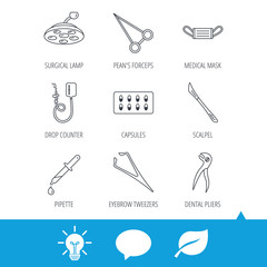 Medical mask, capsules and dental pliers icons. Surgical lamp, scalpel and drop counter linear signs. Tweezers, pipette and forceps flat line icons. Light bulb, speech bubble and leaf web icons