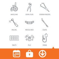 Medical mask, pills and dental pliers icons. Tablets, drilling tool and wheelchair linear signs. Enema, scalpel and tweezers flat line icons. Download arrow, locker and calendar web icons. Vector