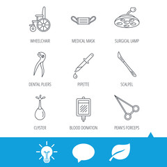 Medical mask, scalpel and dental pliers icons. Pipette, surgical lamp and wheelchair linear signs. Blood donation, clyster and drop flat line icons. Light bulb, speech bubble and leaf web icons