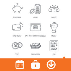 Piggy bank, cash money and wallet icons. Safe box, send money and dollar usd linear signs. Give money, coins and ATM icons. Download arrow, locker and calendar web icons. Vector