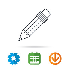 Pencil icon. Drawing tool sign. Calendar, cogwheel and download arrow signs. Colored flat web icons. Vector