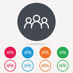 People icon. Group of humans sign. Team work symbol. Round circle buttons. Colored flat web icons. Vector