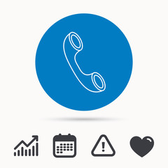 Phone icon. Call sign. Calendar, attention sign and growth chart. Button with web icon. Vector