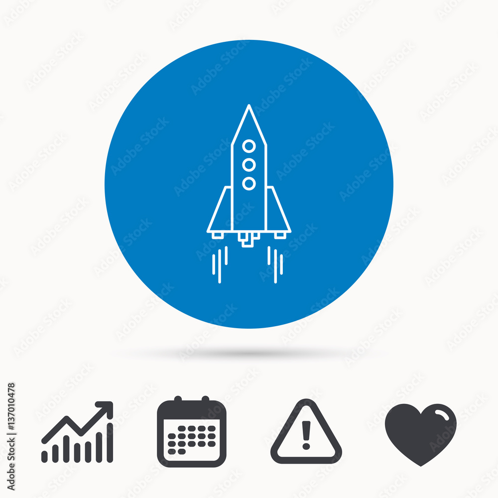 Poster rocket icon. startup business sign. spaceship shuttle symbol. calendar, attention sign and growth ch