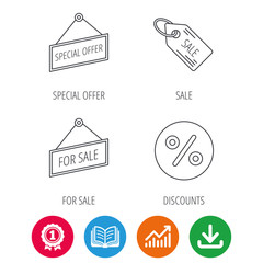 Special offer, discounts and sale coupon icons. For sale linear sign. Award medal, growth chart and opened book web icons. Download arrow. Vector