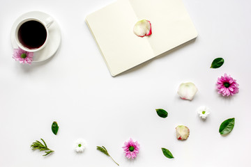 Flat lay with coffee and copybook top view mock up