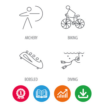 Diving, biking and archery icons. Bobsled linear sign. Award medal, growth chart and opened book web icons. Download arrow. Vector