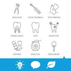 Tooth extraction, electric toothbrush icons. Dental implant, floss and dentinal tubules linear signs. Toothpaste icon. Light bulb, speech bubble and leaf web icons. Vector