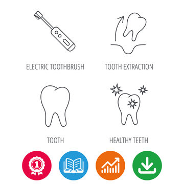 Tooth extraction, electric toothbrush icons. Healthy teeth linear sign. Award medal, growth chart and opened book web icons. Download arrow. Vector