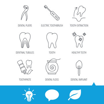 Tooth extraction, electric toothbrush icons. Dental implant, floss and dentinal tubules linear signs. Toothpaste icon. Light bulb, speech bubble and leaf web icons. Vector