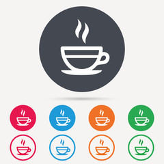 Tea cup icon. Hot coffee drink symbol. Round circle buttons. Colored flat web icons. Vector