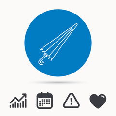 Umbrella icon. Water protection sign. Rainy weather symbol. Calendar, attention sign and growth chart. Button with web icon. Vector