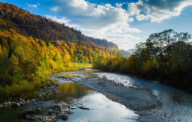 Autumn forest and sky and mountains and river