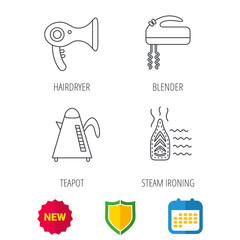 Obraz premium Steam ironing, kettle and blender icons. Hairdryer linear sign. Shield protection, calendar and new tag web icons. Vector