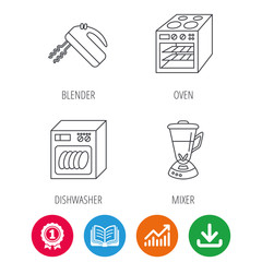 Dishwasher, oven and mixer icons. Blender linear sign. Award medal, growth chart and opened book web icons. Download arrow. Vector