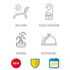 Reception bell, fountain and beach deck chair icons. Clean room linear sign. Shield protection, calendar and new tag web icons. Vector