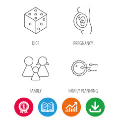 Pregnancy, family and family planning icons. Dice linear sign. Award medal, growth chart and opened book web icons. Download arrow. Vector