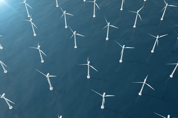 Offshore aerial view of wind turbines in the sea. Clean energy, ecological concept. 3d rendering