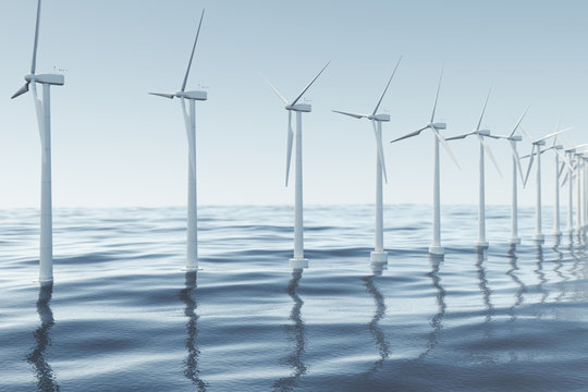 White wind turbine generating electricity in sea, ocean. Clean energy, wind energy, ecological concept. 3d rendering
