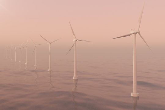 Sunset wind turbines in sea, ocean. Clean energy, wind energy, ecological concept. 3d rendering
